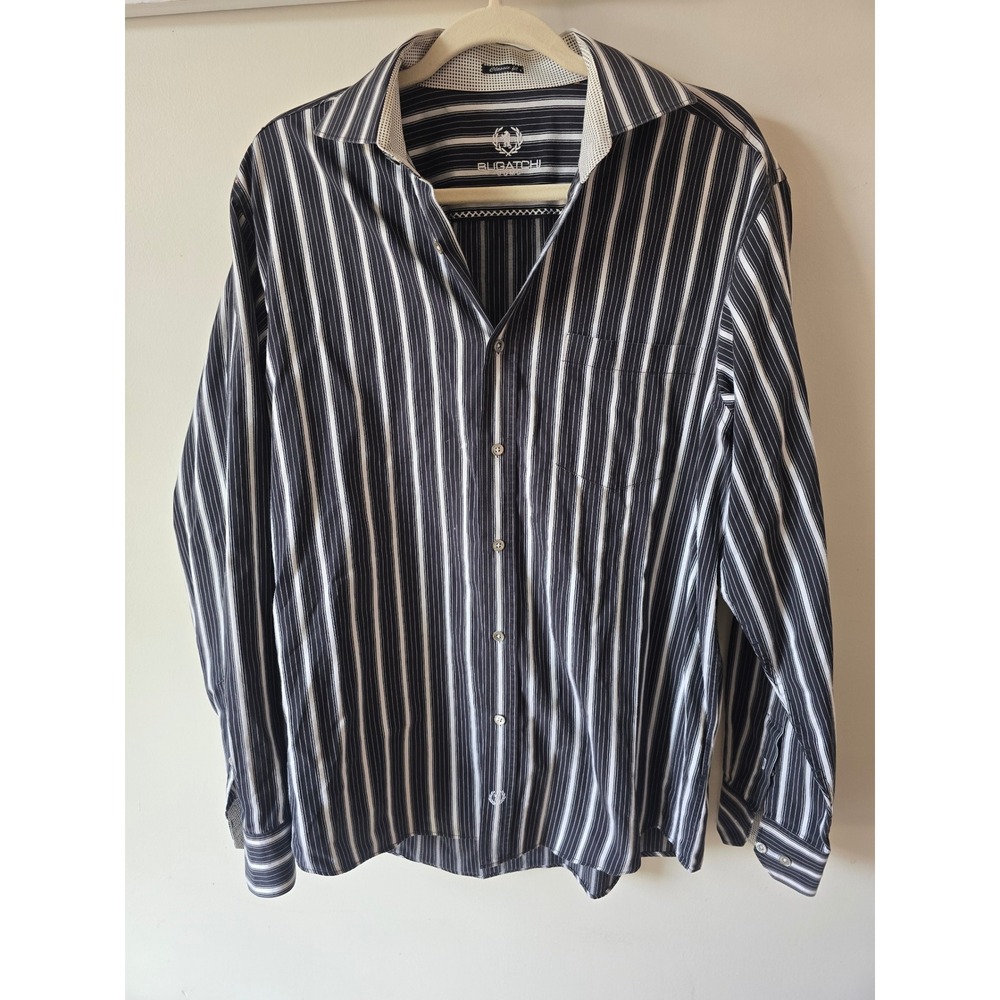 Bugatchi Uomo Mens Black White Striped Long Sleeve Button Down Shirt Classic Fit